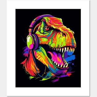 Dino with headphones Posters and Art